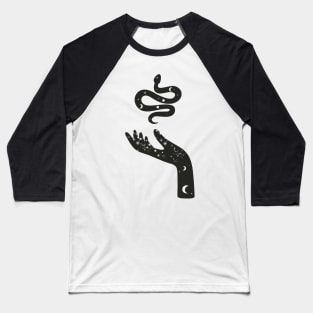 Crescent Moon and Snake With Moon Phases and Wild Flowers Held By Celestial Hand Baseball T-Shirt